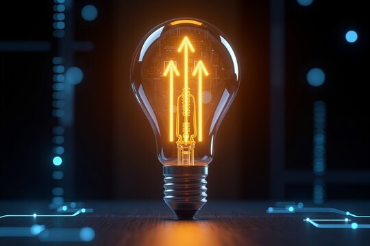 glowing light bulb with upward arrows, symbolizing innovation and progress against dark background. futuristic tech vibe. - Powered by Adobe