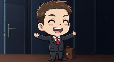 Enthusiastic Professional: A cheerful cartoon illustration of a young professional, radiating positivity. With a suit and briefcase, ready for a new chapter.