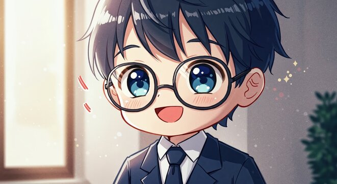 Little Scholar's Portrait: A charming cartoon depiction of a young student, complete with glasses and a suit, radiating intellectual curiosity.