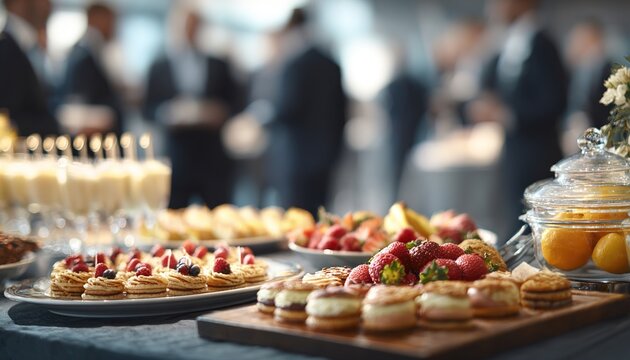 Elegant buffet spread features pastries, fresh fruits, refreshments. Food arrangement for corporate event, meeting, celebration. Business people in suits blurred on background, enjoying break during
