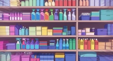 Organized Essentials: A comprehensive arrangement of cleaning products, toiletries, and storage containers lines a series of shelves, symbolizing meticulous organization and domestic tidiness.