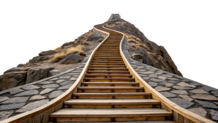 A long winding wooden staircase climbs a grassy hill to a small secluded house at the summit