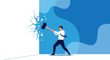A determined businessman smashes a white wall with a sledgehammer, symbolizing breaking through obstacles and achieving new possibilities.