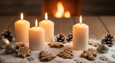 Candles fireplace gingerbread cookies winter decor