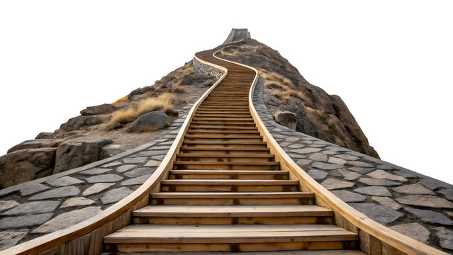A long winding wooden staircase climbs a grassy hill to a small secluded house at the summit