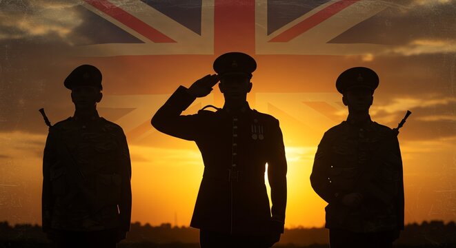 British military silhouettes saluting against Union Jack sunset