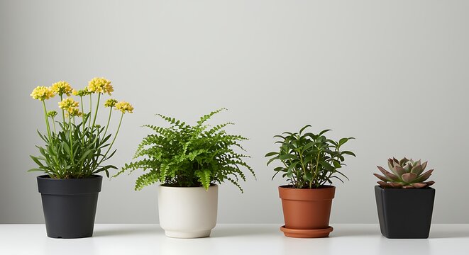 Four potted houseplants with varying foliage and pots on a white surface potted plants indoor plants - Powered by Adobe