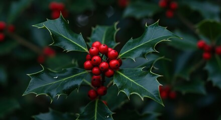 Holly Berry Display: A close-up showcases the vibrant contrast of glossy green leaves and bright red berries, embodying the essence of the festive season. The delicate interplay of nature's colors