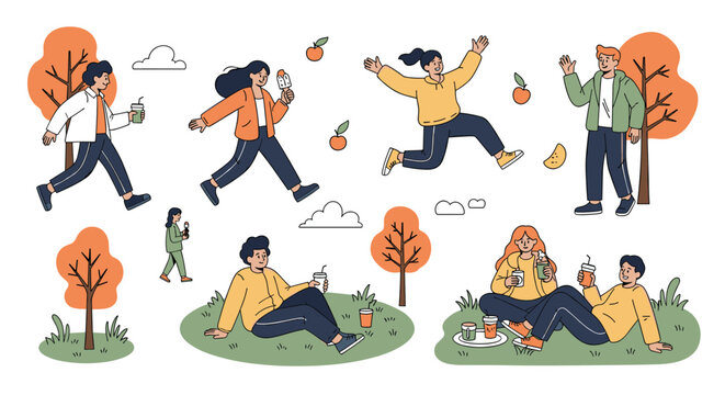 Diverse group of happy young people enjoying various activities like walking, running, and picnicking in an autumnal park setting. - Powered by Adobe