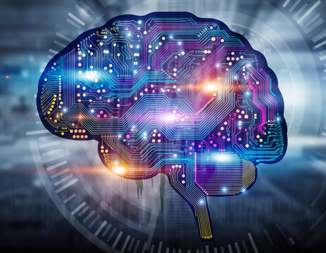 Circuit board brain glowing with artificial intelligence and technology connections concept design image