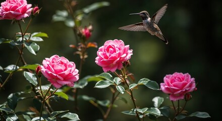 Obraz premium Rose Garden Hummingbird: The elegant dance between vibrant pink roses and a hummingbird. The delicate hummingbird hovers gracefully near the blossoms.