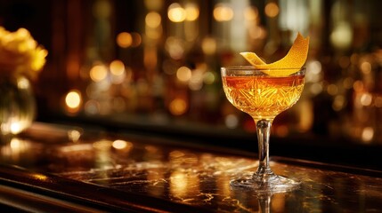 Ultra-realistic 8K Between the Sheets cocktail in a crystal glass with amber tones, flamed orange peel garnish, warm golden reflections on polished dark wood bar and cinematic bokeh bar background
