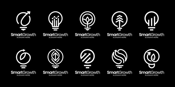Set of innovation financial with growth up arrow business chart bar diagram logo design inspiration. Geometric abstract logo icon vector isolated on black background.