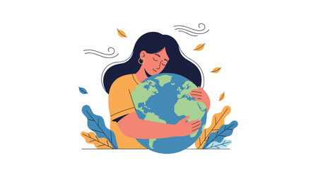 A woman lovingly embraces the Earth, surrounded by autumn leaves and gentle breezes, symbolizing environmental protection and a deep connection to nature.