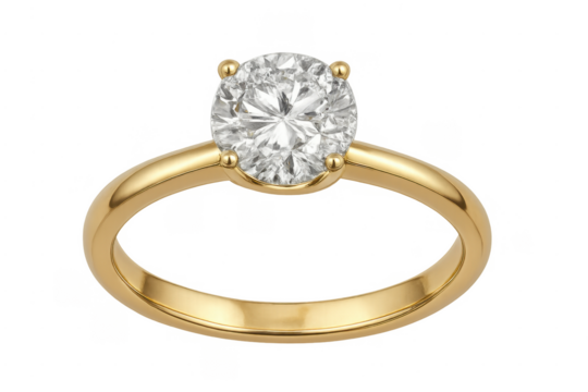 Gold solitaire diamond engagement ring on transparent background