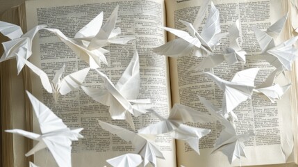 "Transcendence" as a flock of origami birds made of pure, white light, taking flight upwards from the pages of an open, ancient spiritual text