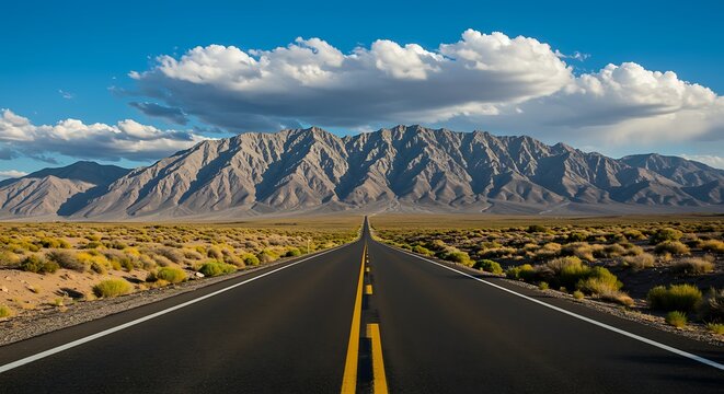 Long empty asphalt road stretching towards a vast mountain range under a cloudy blue sky highway driving