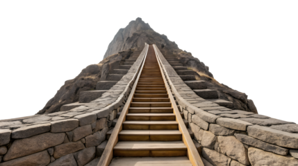 A long steep staircase of wood and stone climbs up a rugged mountain peak representing a challenging journey to the top