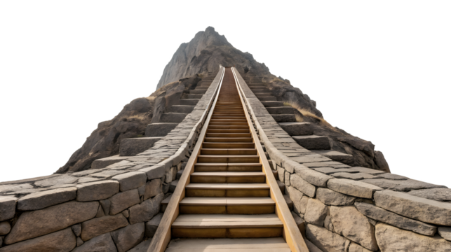 A long steep staircase of wood and stone climbs up a rugged mountain peak representing a challenging journey to the top
