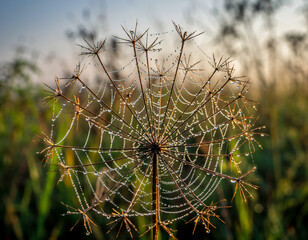 Close up of a dried flower head covered in dew drops with a blurred green and yellow background outdoors