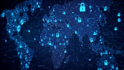 Global digital security network with interconnected data points and lock icons representing secure connections across the world map in a futuristic blue technological theme - Powered by Adobe