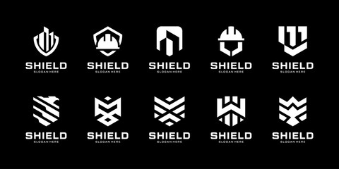 Set of shield armor strong for building construction logo design inspiration. Geometric abstract logo icon vector isolated on black background.