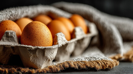 A dozen eggs are sitting in a carton on a table. The eggs are all different sizes and colors, with some being larger and others smaller. The carton is open, revealing the eggs inside