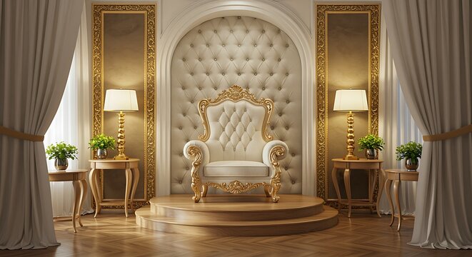 Ornate White and Gold Throne Chair in Luxurious Room with Lamps royal king