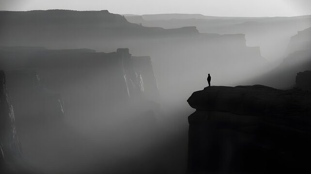 Silhouette Person Standing on Cliff in Foggy Canyon Landscape, Moody Misty Canyon with Lone Figure on Cliff Edge. man in the fog - Powered by Adobe