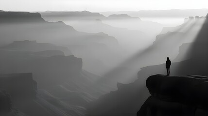 Silhouette on Cliff Overlooking Foggy Canyon Landscape, silhouette of a man in the mountains. Misty Canyon View with Lone Figure on Cliff Edge