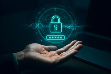 Hand holding digital padlock and password input security