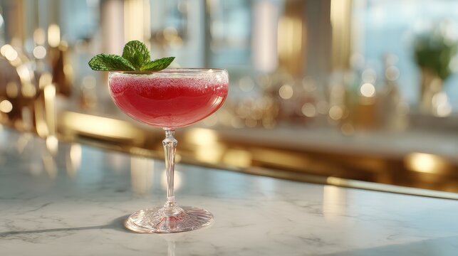Photorealistic 4K Clausmopolitan cocktail in coupe glass with mint garnish on polished white marble bar counter with soft daylight and golden blurred bar lights
