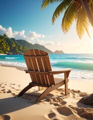 A sunlit beach scene with a wooden chair facing the tranquil turquoise ocean. Lush green hills and palm trees frame the serene vista