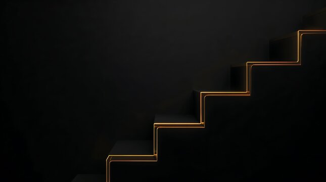 Minimalist black staircase with golden glowing edges ascending upwards