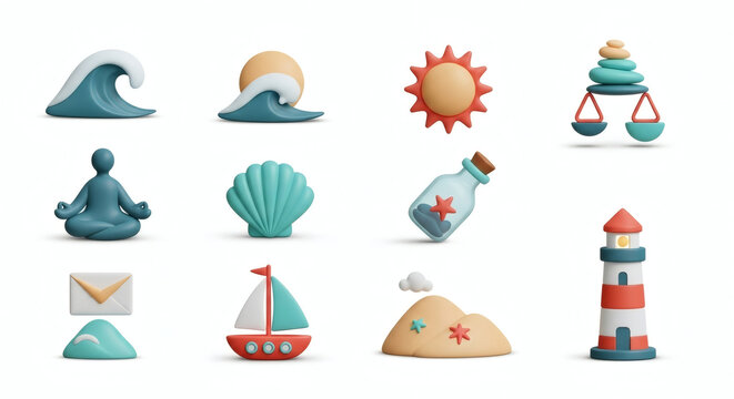 Charming clay-style 3D icons for summer and beach themes waves, sun, seashells, lighthouse, sailboat, and meditation for travel and coastal lifestyle.