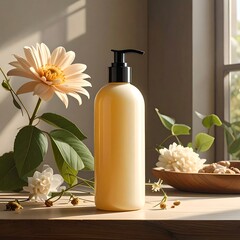 A tall, yellowish liquid dispenser bottle, illuminated by sunlight next to flowers on a wooden surface, with a blurred window view