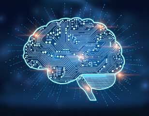 Illuminated brain outline with circuit board pattern on a dark blue gradient background with light rays