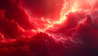 A vibrant abstract composition featuring swirling, crimson-toned clouds illuminated by a brilliant, golden light, creating a dramatic, ethereal scene