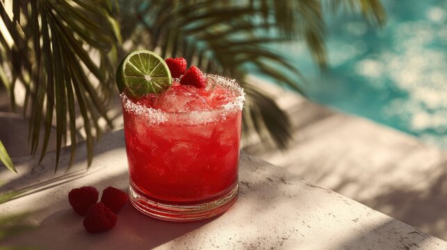 Vibrant 4K Raspberry Paloma cocktail in frosted glass with sugared rim and jalapeño-raspberry garnish on bright poolside stone with warm sunlight reflections