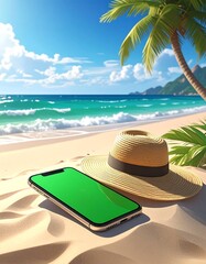 A vibrant beach scene showing a mobile device with a green screen, a hat, palm tree, and ocean. Bright sunlight