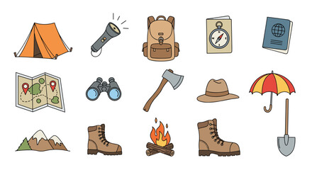 A diverse collection of hand-drawn illustrations showcasing essential equipment and items for camping, hiking, and outdoor adventures.