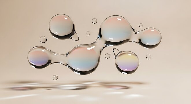 Abstract iridescent liquid blobs floating on a beige background