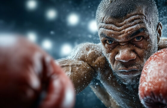 A boxer is in the middle of a boxing match, with his face covered in sweat. The image conveys the intensity and physicality of the sport, as well as the determination and focus of the boxer