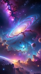 A vibrant, celestial landscape depicts a swirling galaxy with colorful nebulae, planets, and stars. The scene has brilliant blues and purples