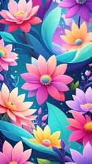 A vibrant, colorful botanical composition of stylized flowers and leaves. A digital illustration with gradients and soft glow