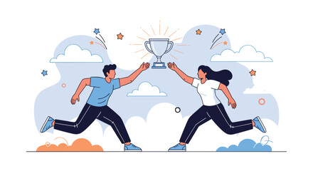 Two dynamic individuals, a man and a woman, race towards a shimmering trophy, symbolizing competition, ambition, and the ultimate pursuit of success.