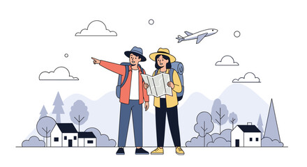 Two young travelers with backpacks are navigating with a map and pointing towards a scenic view in a charming landscape.