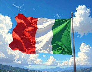 A vibrant, digitally rendered Italian flag waves freely in a bright blue sky dotted with fluffy white clouds, positioned atop a hill