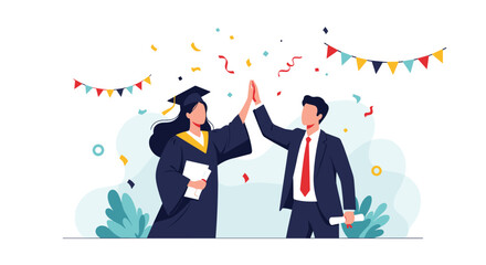 A female graduate in a cap and gown high-fives a man in a suit, celebrating academic success with confetti and festive banners.