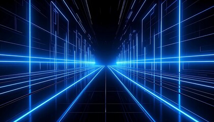 A vibrant, neon-lit perspective, showcasing a digital corridor with glowing blue lines converging towards a bright point. Abstract